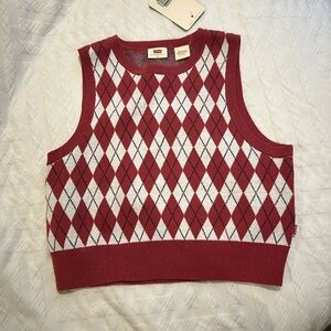 Levi sweater vest. Burnt red cream and black argyle pattern